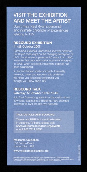 Rebound by Paul Ryan : two decades of notes on HIV in London : free exhibition and event, 11-28 October 2007 / Wellcome Collection.
