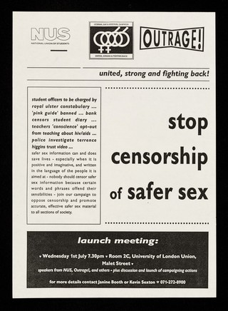 Stop censorship of safer sex / NUS National Union of Students, Lesbian, Gay & Bisexual Campaign, Outrage!.