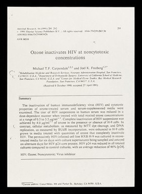 Ozone inactivates HIV at noncytotoxic concentrations / Michael T. F. Carpendale and Joel K. Freeberg.