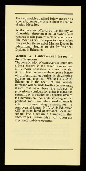 H.I.V./AIDS education at the Institute of Education, University of London.