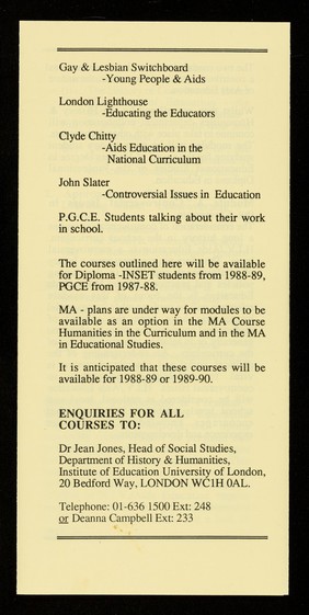H.I.V./AIDS education at the Institute of Education, University of London.