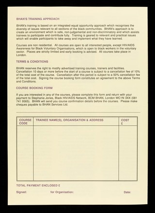 Training courses may-August 1991 / Black HIV/AIDS Network.