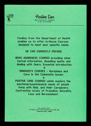 +Positive care for people with AIDS : you need the training - we have the skills! / The Lantern Trust.