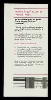 Training programme 2000/2001 : courses on HIV / AIDS and lesbian & gay issues in mental health / PACE, Project for Advice, Counselling & Education.