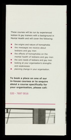 Training programme 2000/2001 : courses on HIV / AIDS and lesbian & gay issues in mental health / PACE, Project for Advice, Counselling & Education.