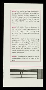 Training programme 2000/2001 : courses on HIV / AIDS and lesbian & gay issues in mental health / PACE, Project for Advice, Counselling & Education.