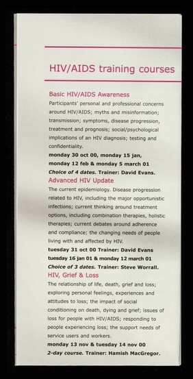 Training programme 2000/2001 : courses on HIV / AIDS and lesbian & gay issues in mental health / PACE, Project for Advice, Counselling & Education.
