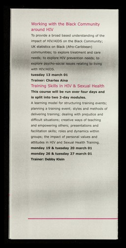 Training programme 2000/2001 : courses on HIV / AIDS and lesbian & gay issues in mental health / PACE, Project for Advice, Counselling & Education.