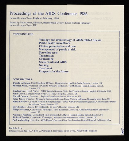 Proceedings of the AIDS Conference 1986, Newcastle upon Tyne, UK : edited by Peter Jones / Intercept Limited.