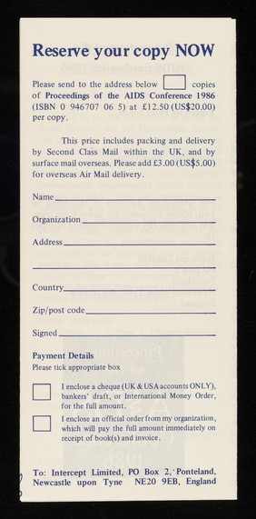 Proceedings of the AIDS Conference 1986, Newcastle upon Tyne, UK : edited by Peter Jones / Intercept Limited.