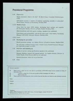 Effective purchasing of HIV/AIDS-related services : a one-day seminar for health authorti and local authority purchasers at: BMA House, Tavistock Square, London WC1H 9JP / British Medical Association Foundation for AIDS.