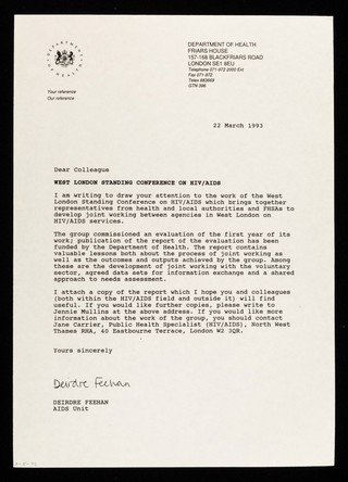 Dear Colleague : West London Standing Conference on HIV/AIDS ... / Deirdre Feehan, AIDS Unit.