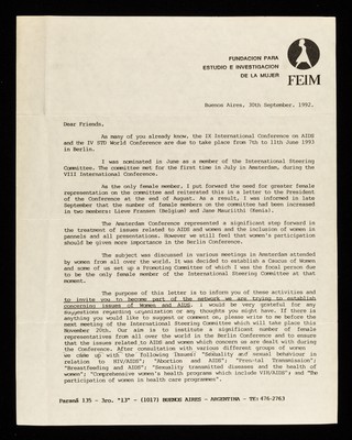 Dear Friends : as many of you already know, the IX International Conference on AIDS and the IV STD World Conference are due to take place from 7th to 11th June 1993 in Berlin ... / Mabel Bianco.