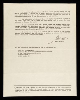 Dear Friends : as many of you already know, the IX International Conference on AIDS and the IV STD World Conference are due to take place from 7th to 11th June 1993 in Berlin ... / Mabel Bianco.