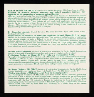 Conference : recent developments in prevention and therapy through Maharishi ayur-veda towards a disease-free society : new approaches to the prevention and treatment of heart disease, chronic disorders, cancer, AIDS : Royal College of Physicians, London, Monday 17 October 1988 / World Medical Association for Perfect Health - Great Britain.