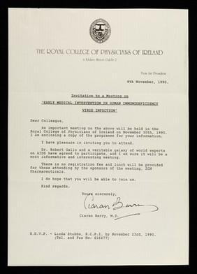 Invitation to a meeting on 'Early medical intervention in human immunodeficiency virus infection / Ciaran Barry, M.D.