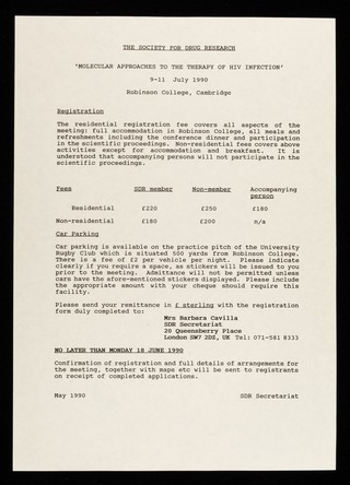 'Molecular approaches to the therapy of HIV infection' : 9-11 July 1990 Robinson College, Cambridge.