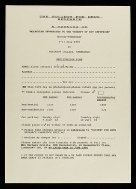 A meeting on 'Molecular approaches to the therapy of HIV infection' : 9-11 July 1990 at Robinson College, Cambridge : registration form / The Society for Drug Research.