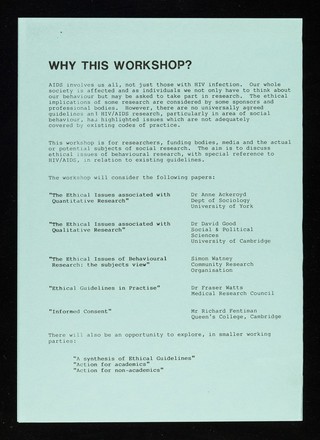 An invitation to the "people & research" workshop : Thursday 28th September 1989, Newnham College, Cambridge / sponsored by Cambridge AIDS Roundtable, East Anglian Regional Health Authority.