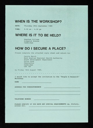 An invitation to the "people & research" workshop : Thursday 28th September 1989, Newnham College, Cambridge / sponsored by Cambridge AIDS Roundtable, East Anglian Regional Health Authority.