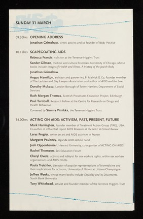 Acting on AIDS : 29-31 March 1996 ... / ICA, Institute of Contemporary Arts, The Terrence Higgins Trust ; sponsored by Toshiba.