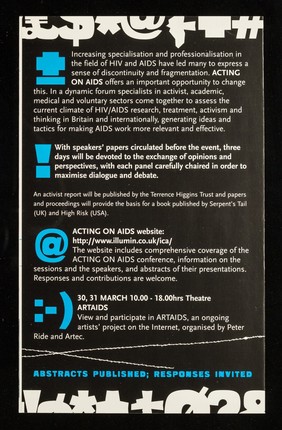 Acting on AIDS : 29-31 March 1996 ... / ICA, Institute of Contemporary Arts, The Terrence Higgins Trust ; sponsored by Toshiba.