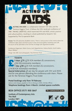 Acting on AIDS : 29-31 March 1996 ... / ICA, Institute of Contemporary Arts, The Terrence Higgins Trust ; sponsored by Toshiba.