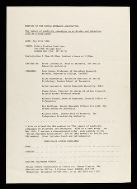 Meeting of the Social Research Association : The impact of publicity campaigns on attitudes and behaviour: AIDS as a case study.