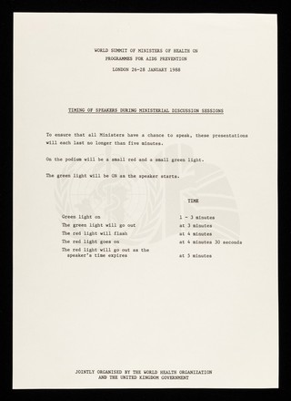 World Summit of Ministers of Health on Programmes for AIDS Prevention : London 26-28 January 1988 : timing of speakers during ministerial discussion sessions / jointly organised by the World Health Organization and the United Kingdom Government.