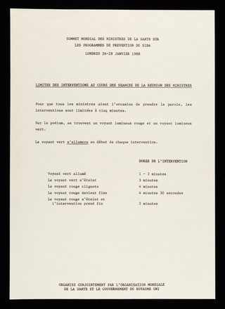 World Summit of Ministers of Health on Programmes for AIDS Prevention : London 26-28 January 1988 : timing of speakers during ministerial discussion sessions / jointly organised by the World Health Organization and the United Kingdom Government.