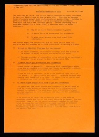 Educating teeenagers on AIDS : background paper for "The implications of AIDS for children in care" seminar 14 May 1987 / Dr. Colin Griffiths.