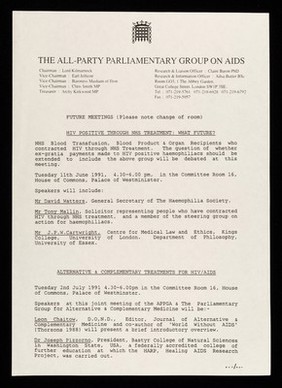 Future meetings (please note change of room) : HIV positive through NHS treatment: what future? ... Alternative & complementary treatments for HIV/AIDS ... HIV/AIDS and prisons : the management of HIV in prisons / The All-Party Parliamentary Group on AIDS.