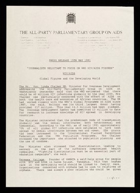 Press release 15th May 1991 : "Journalists reluctant to focus on WHO HIV/AIDS figures" : HIV/AIDS global figures and the developing world / The All-Party Parliamentary Group on AIDS.