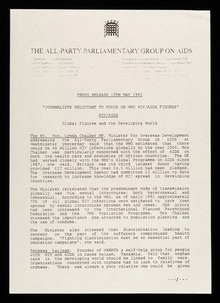 Press release 15th May 1991 : "Journalists reluctant to focus on WHO HIV/AIDS figures" : HIV/AIDS global figures and the developing world / The All-Party Parliamentary Group on AIDS.