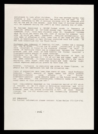 Press release 15th May 1991 : "Journalists reluctant to focus on WHO HIV/AIDS figures" : HIV/AIDS global figures and the developing world / The All-Party Parliamentary Group on AIDS.