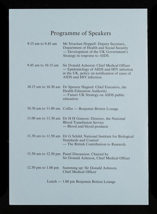The British response to AIDS : technical programme for delegates to the World Summit of Ministers of Health on Programmes for AIDS Prevention : 29 January 1988 : Queen Elizabeth II Conference Centre, Churchill Auditorium.