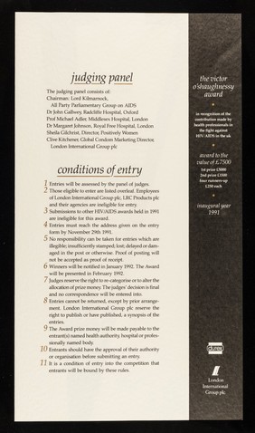 The Victor O'Shaughnessy award : in recognition of the contribution made by health professionals in the fight against HIV/AIDS in the UK : award to the value of £7500 ... inaugural year 1991 / Durex, London International Group plc.