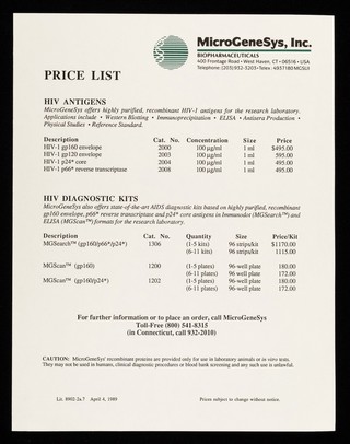 Price list : HIV antigens ... HIV diagnostic kits / MicroGeneSys, Inc.