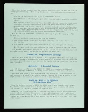 Focus on AIDS : would you like to cut hours, even days, from your next reference search... without missing anything significant from your own -- or any related -- field? : Turn to Focus on AIDS basic research, applications and implications. With abstracts / William A. Schlegel, Chief Operating Officer, Institute for Scientific information, 3501 Market Street, Philadelphia, Pennsylvania 19104 USA.