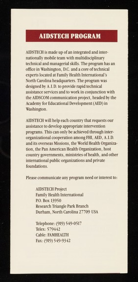 AIDSTECH : technical interventions for the containment of AIDS / Family Health International.
