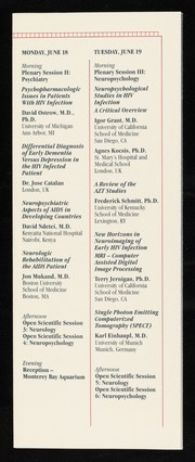 Neurological & neuropsychological complications of HIV infection : update 1990 : a satellite conference prior to the VI International Conference on AIDS : June 16-19, 1990 Monterey, California, USA : Monterey Convention Center and Monterey Sheraton Hotel, Monterey, California.
