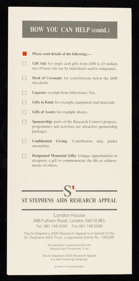 St. Stephens AIDS Research Appeal : the "STAR appeal" for a new AIDS research centre : for the practical application of state-of-the-art technology and research into the treatment of AIDS / St. Stephens AIDS Trust.