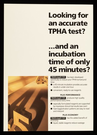Looking for an accurate TPHA test? : and an incubation time of only 45 minutes? Wellcosyph HA has been developed specifically to reduce your TPHA turnaround time ... / Wellcome Diagnostics, a division of the Wellcome Foundation Lmited, Temple Hill, Dartford, England ...