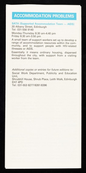 HIV/AIDS : "a ready guide" to services and facilities currently available in Lothian / published by Regional AIDS Group, printed by Lothian Regional Council.