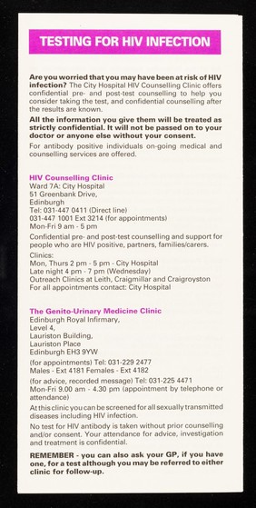 HIV/AIDS : "a ready guide" to services and facilities currently available in Lothian / published by Regional AIDS Group, printed by Lothian Regional Council.