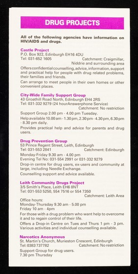 HIV/AIDS : "a ready guide" to services and facilities currently available in Lothian / published by Regional AIDS Group, printed by Lothian Regional Council.