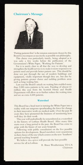 Annual report 1988-89 : 'putting patients first' / Lothian Health Board ; R. Bruce Weatherstone TD CA Chairman ; Winston J. Tayler BSc AHSM General Manager.