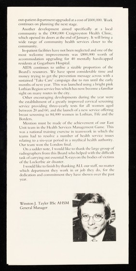 Annual report 1988-89 : 'putting patients first' / Lothian Health Board ; R. Bruce Weatherstone TD CA Chairman ; Winston J. Tayler BSc AHSM General Manager.