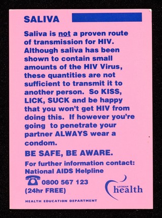 HIV : routes of transmission ... NON routes of transmission ... saliva ... / Lothian Health Health Education Department.