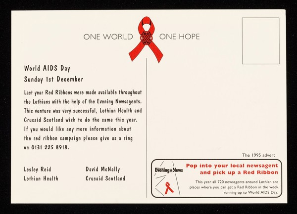 World AIDS Day : Sunday 1st December 1996 : one world one hope / Lothian Health, Crusaid Scotland.